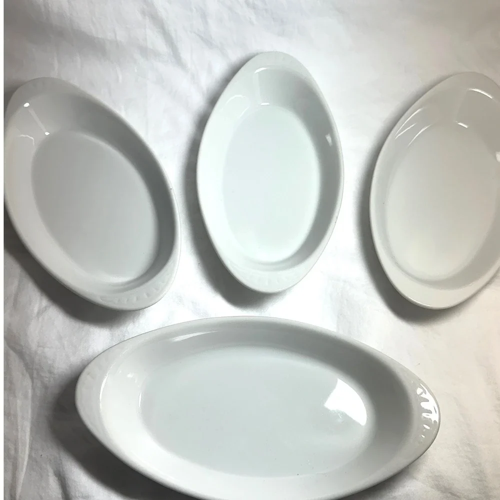 Vintage Oval Au Gratin Baking Dishes Set 4 White Exc Ceramic Stoneware Scalloped